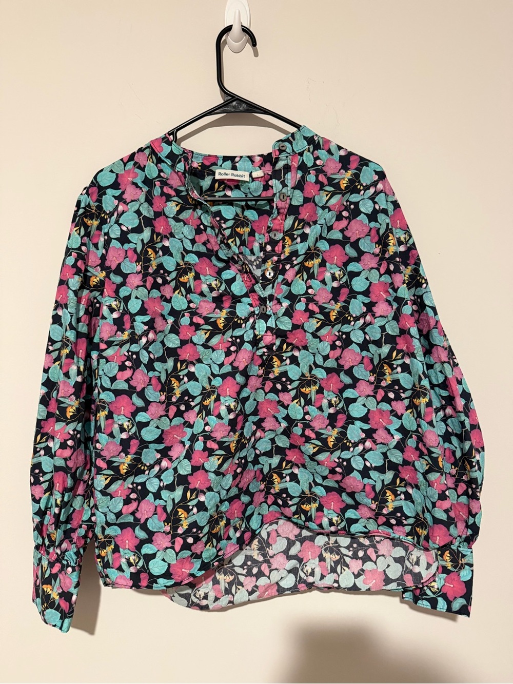 Roller Rabbit Black Floral Button-Front Blouse - Pink & Teal Size: Large